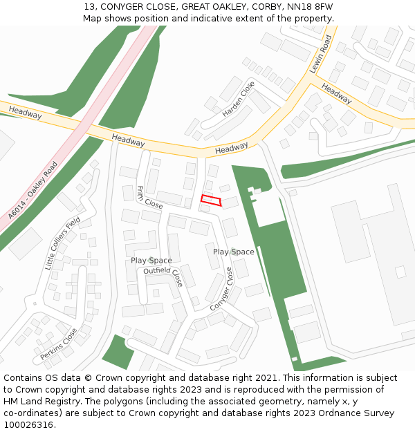 13, CONYGER CLOSE, GREAT OAKLEY, CORBY, NN18 8FW: Location map and indicative extent of plot
