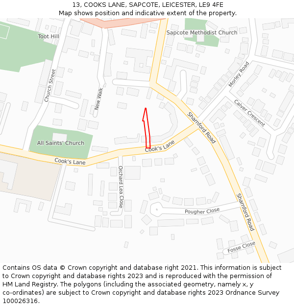 13, COOKS LANE, SAPCOTE, LEICESTER, LE9 4FE: Location map and indicative extent of plot