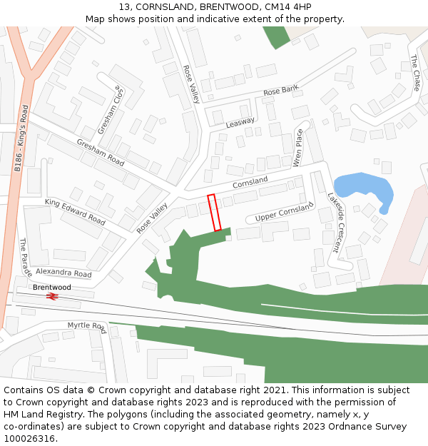 13, CORNSLAND, BRENTWOOD, CM14 4HP: Location map and indicative extent of plot