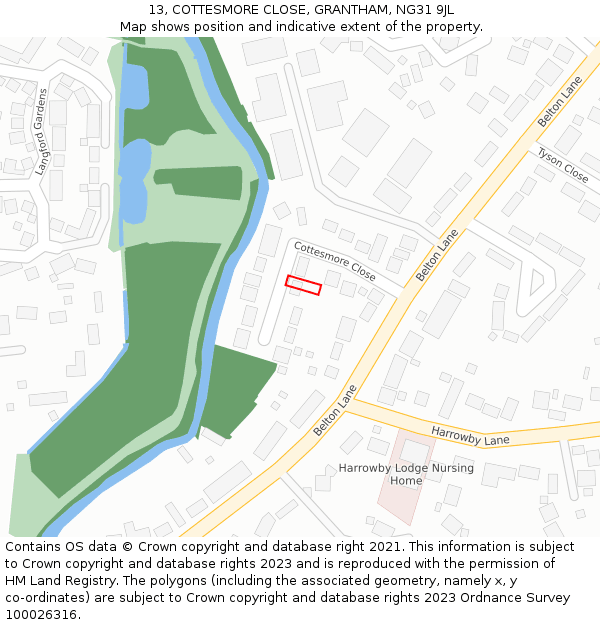 13, COTTESMORE CLOSE, GRANTHAM, NG31 9JL: Location map and indicative extent of plot