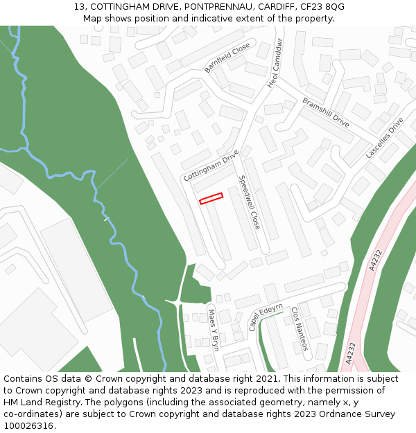 13, COTTINGHAM DRIVE, PONTPRENNAU, CARDIFF, CF23 8QG: Location map and indicative extent of plot