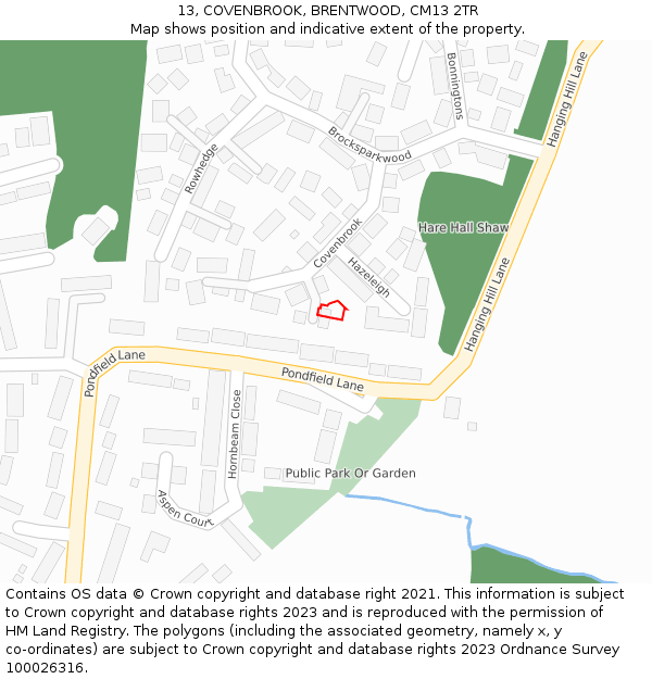 13, COVENBROOK, BRENTWOOD, CM13 2TR: Location map and indicative extent of plot