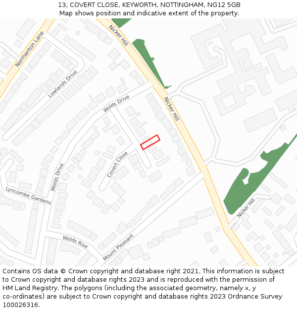 13, COVERT CLOSE, KEYWORTH, NOTTINGHAM, NG12 5GB: Location map and indicative extent of plot