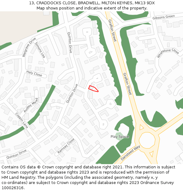 13, CRADDOCKS CLOSE, BRADWELL, MILTON KEYNES, MK13 9DX: Location map and indicative extent of plot