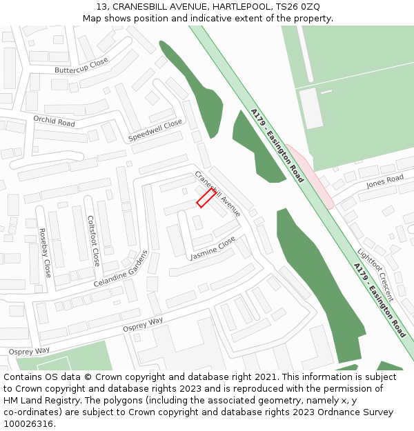 13, CRANESBILL AVENUE, HARTLEPOOL, TS26 0ZQ: Location map and indicative extent of plot