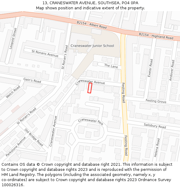 13, CRANESWATER AVENUE, SOUTHSEA, PO4 0PA: Location map and indicative extent of plot