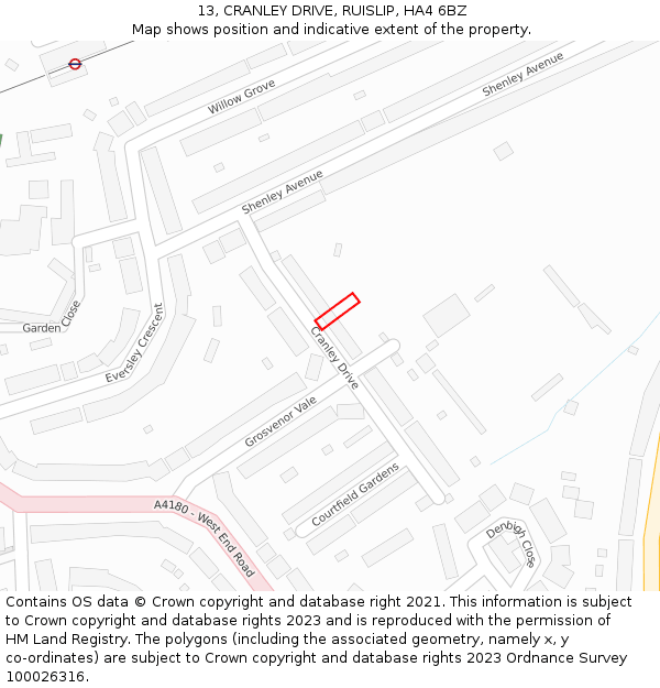 13, CRANLEY DRIVE, RUISLIP, HA4 6BZ: Location map and indicative extent of plot
