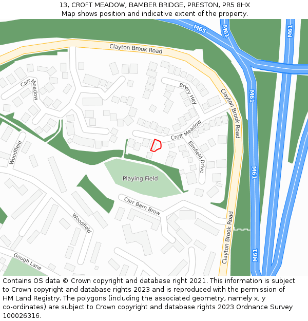 13, CROFT MEADOW, BAMBER BRIDGE, PRESTON, PR5 8HX: Location map and indicative extent of plot