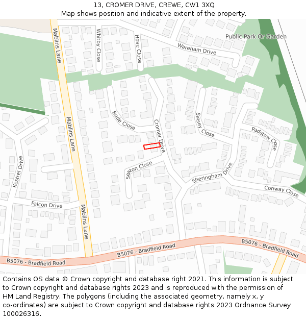 13, CROMER DRIVE, CREWE, CW1 3XQ: Location map and indicative extent of plot