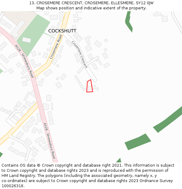 13, CROSEMERE CRESCENT, CROSEMERE, ELLESMERE, SY12 0JW: Location map and indicative extent of plot