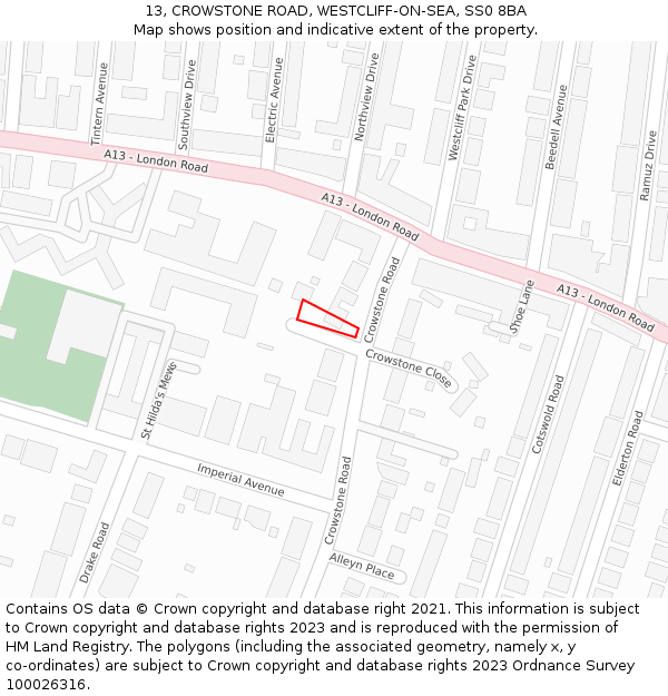 13, CROWSTONE ROAD, WESTCLIFF-ON-SEA, SS0 8BA: Location map and indicative extent of plot