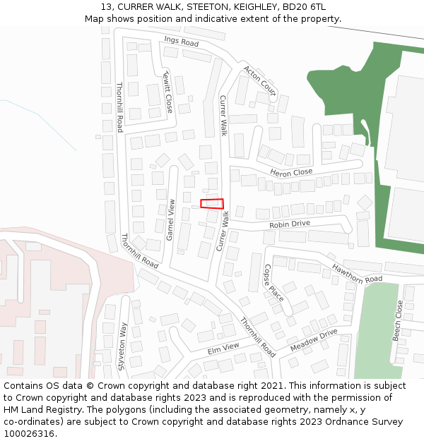 13, CURRER WALK, STEETON, KEIGHLEY, BD20 6TL: Location map and indicative extent of plot