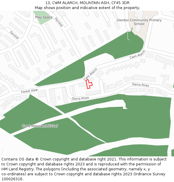 13, CWM ALARCH, MOUNTAIN ASH, CF45 3DR: Location map and indicative extent of plot