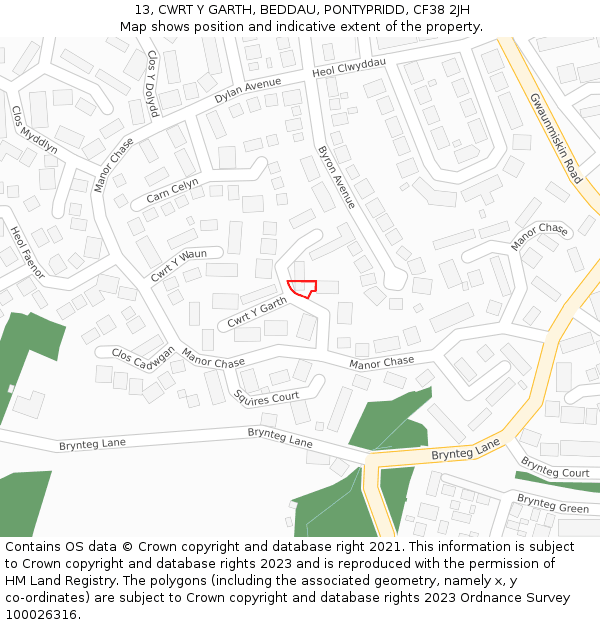 13, CWRT Y GARTH, BEDDAU, PONTYPRIDD, CF38 2JH: Location map and indicative extent of plot