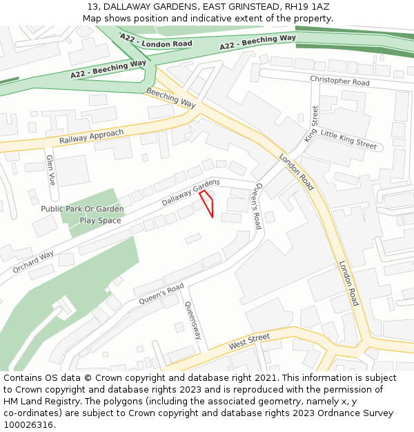13, DALLAWAY GARDENS, EAST GRINSTEAD, RH19 1AZ: Location map and indicative extent of plot