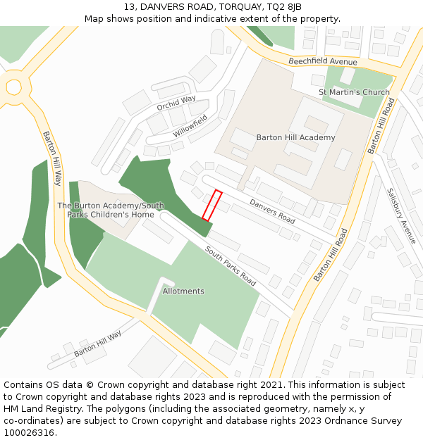 13, DANVERS ROAD, TORQUAY, TQ2 8JB: Location map and indicative extent of plot