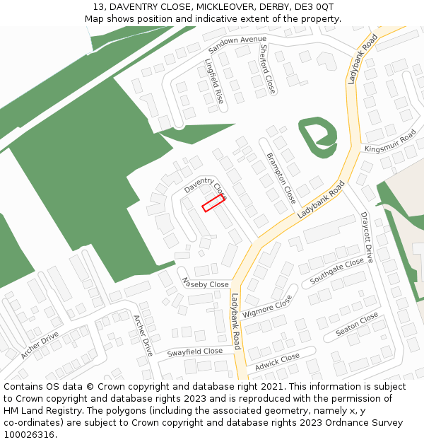 13, DAVENTRY CLOSE, MICKLEOVER, DERBY, DE3 0QT: Location map and indicative extent of plot
