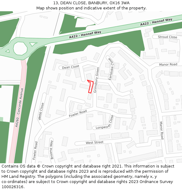 13, DEAN CLOSE, BANBURY, OX16 3WA: Location map and indicative extent of plot