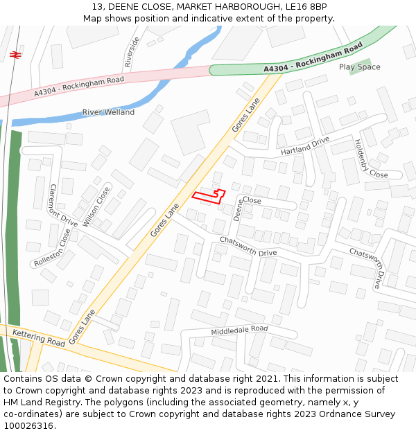 13, DEENE CLOSE, MARKET HARBOROUGH, LE16 8BP: Location map and indicative extent of plot