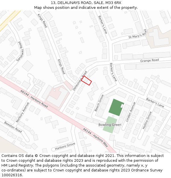 13, DELAUNAYS ROAD, SALE, M33 6RX: Location map and indicative extent of plot