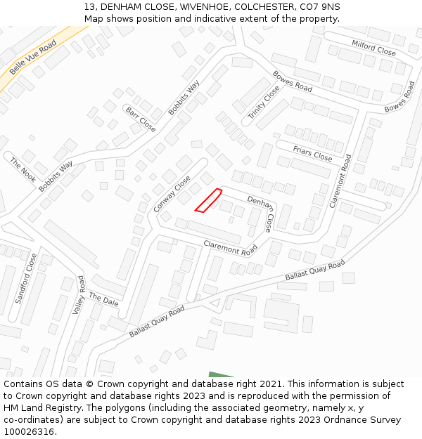 13, DENHAM CLOSE, WIVENHOE, COLCHESTER, CO7 9NS: Location map and indicative extent of plot