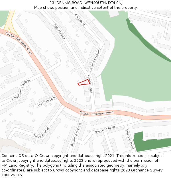 13, DENNIS ROAD, WEYMOUTH, DT4 0NJ: Location map and indicative extent of plot