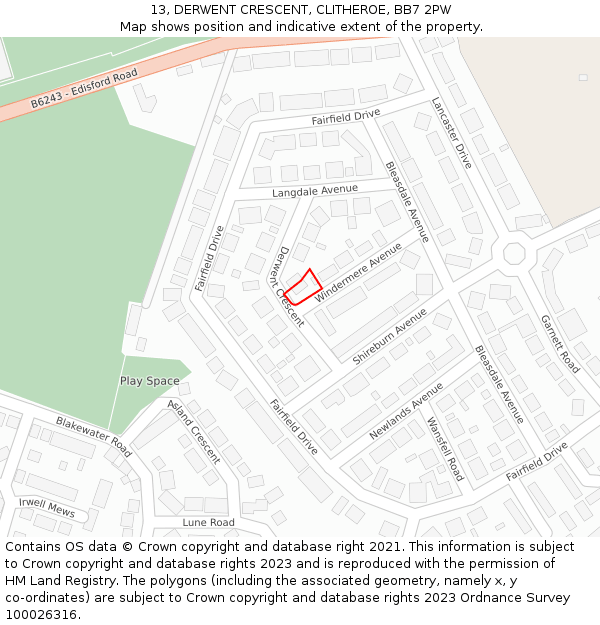 13, DERWENT CRESCENT, CLITHEROE, BB7 2PW: Location map and indicative extent of plot