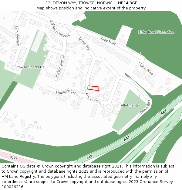 13, DEVON WAY, TROWSE, NORWICH, NR14 8GE: Location map and indicative extent of plot