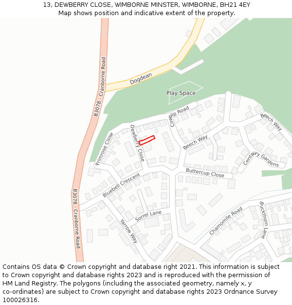 13, DEWBERRY CLOSE, WIMBORNE MINSTER, WIMBORNE, BH21 4EY: Location map and indicative extent of plot