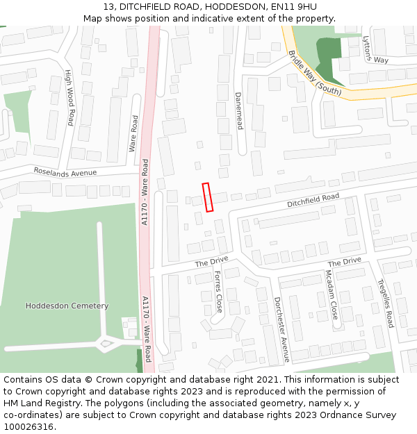 13, DITCHFIELD ROAD, HODDESDON, EN11 9HU: Location map and indicative extent of plot