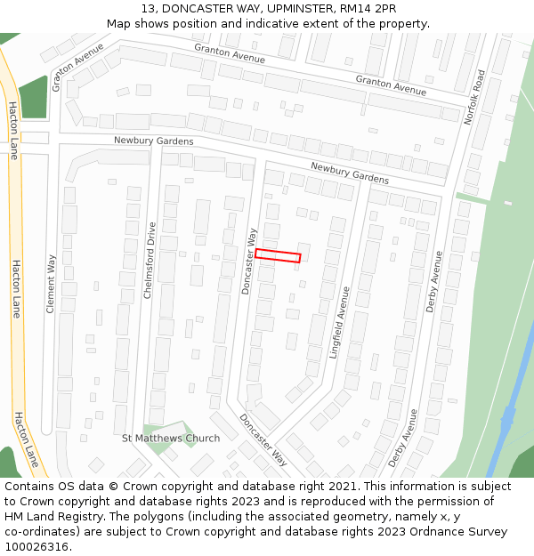 13, DONCASTER WAY, UPMINSTER, RM14 2PR: Location map and indicative extent of plot