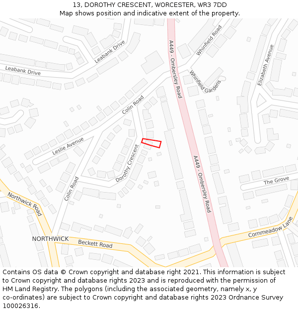 13, DOROTHY CRESCENT, WORCESTER, WR3 7DD: Location map and indicative extent of plot