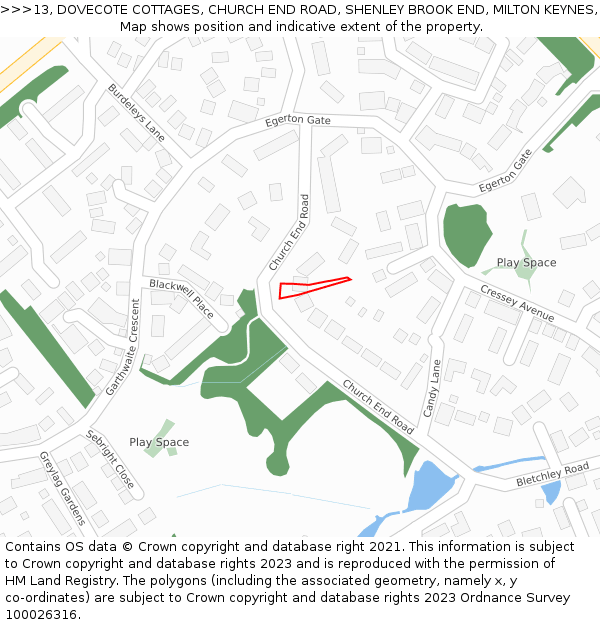 13, DOVECOTE COTTAGES, CHURCH END ROAD, SHENLEY BROOK END, MILTON KEYNES, MK5 7AA: Location map and indicative extent of plot