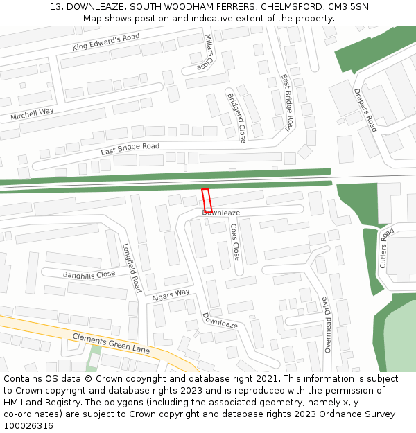 13, DOWNLEAZE, SOUTH WOODHAM FERRERS, CHELMSFORD, CM3 5SN: Location map and indicative extent of plot