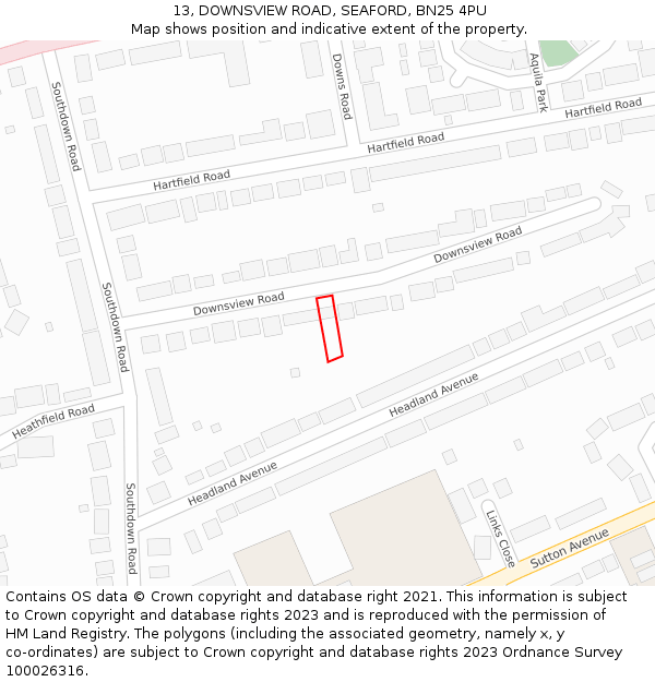 13, DOWNSVIEW ROAD, SEAFORD, BN25 4PU: Location map and indicative extent of plot