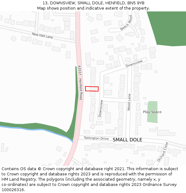 13, DOWNSVIEW, SMALL DOLE, HENFIELD, BN5 9YB: Location map and indicative extent of plot
