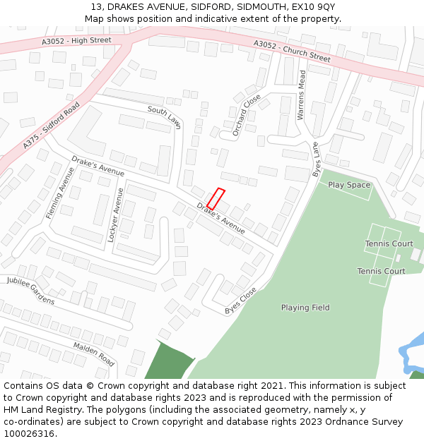 13, DRAKES AVENUE, SIDFORD, SIDMOUTH, EX10 9QY: Location map and indicative extent of plot