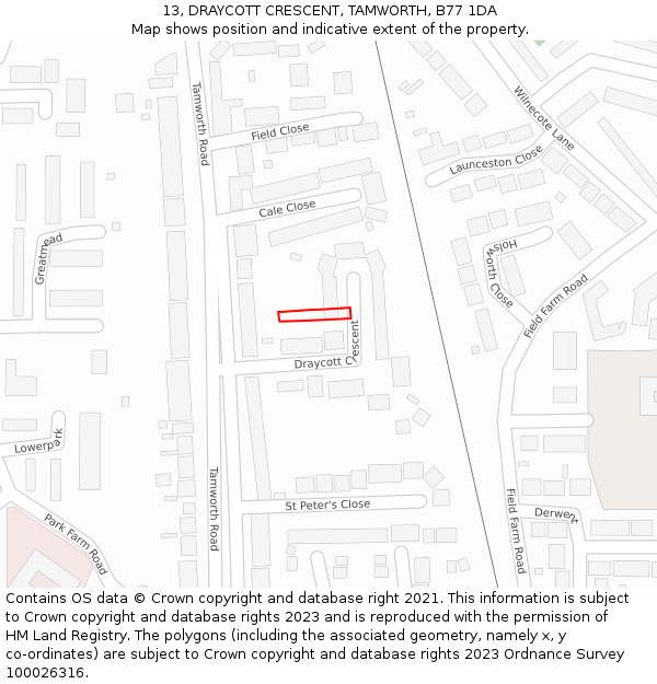 13, DRAYCOTT CRESCENT, TAMWORTH, B77 1DA: Location map and indicative extent of plot