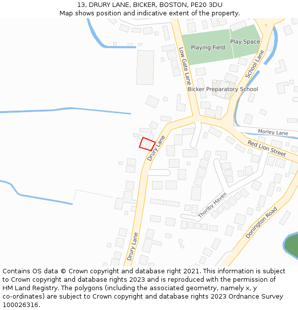 13, DRURY LANE, BICKER, BOSTON, PE20 3DU: Location map and indicative extent of plot