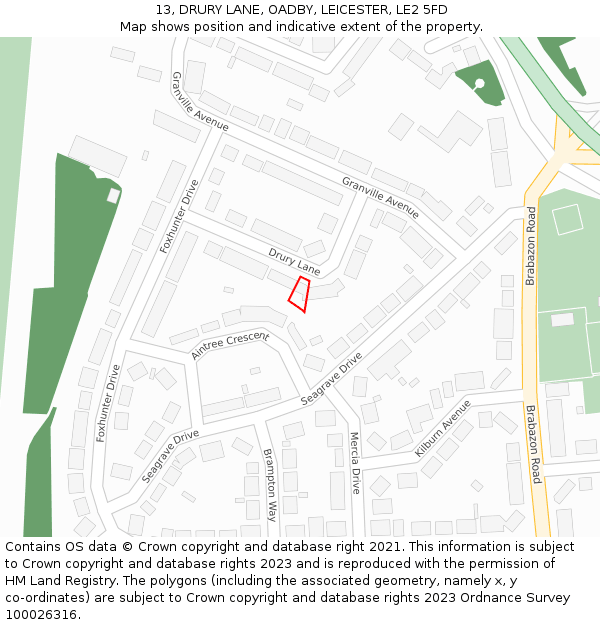 13, DRURY LANE, OADBY, LEICESTER, LE2 5FD: Location map and indicative extent of plot