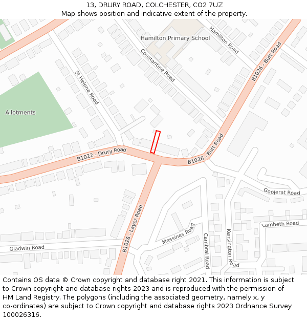 13, DRURY ROAD, COLCHESTER, CO2 7UZ: Location map and indicative extent of plot