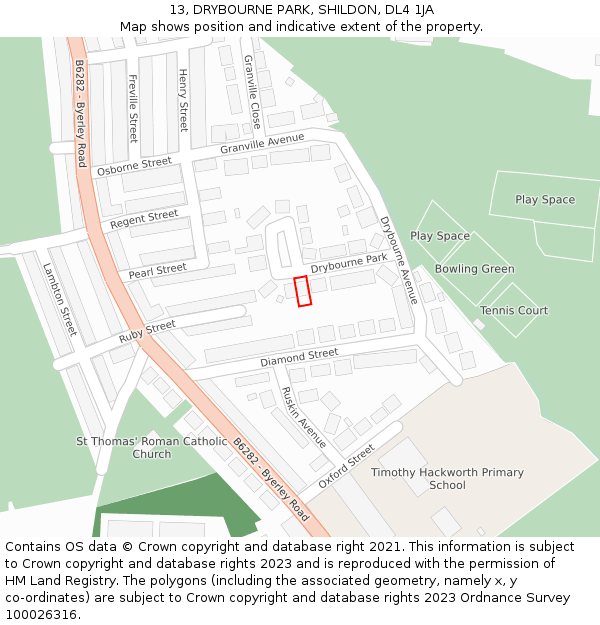 13, DRYBOURNE PARK, SHILDON, DL4 1JA: Location map and indicative extent of plot