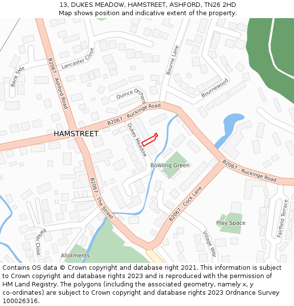 13, DUKES MEADOW, HAMSTREET, ASHFORD, TN26 2HD: Location map and indicative extent of plot