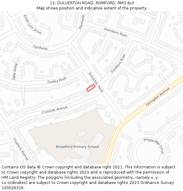 13, DULVERTON ROAD, ROMFORD, RM3 8LP: Location map and indicative extent of plot