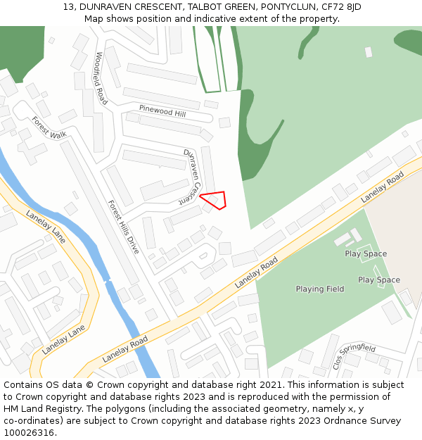 13, DUNRAVEN CRESCENT, TALBOT GREEN, PONTYCLUN, CF72 8JD: Location map and indicative extent of plot