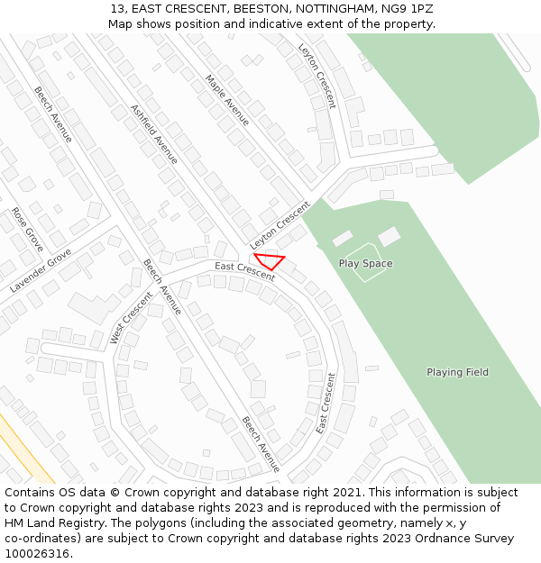 13, EAST CRESCENT, BEESTON, NOTTINGHAM, NG9 1PZ: Location map and indicative extent of plot