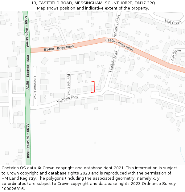 13, EASTFIELD ROAD, MESSINGHAM, SCUNTHORPE, DN17 3PQ: Location map and indicative extent of plot