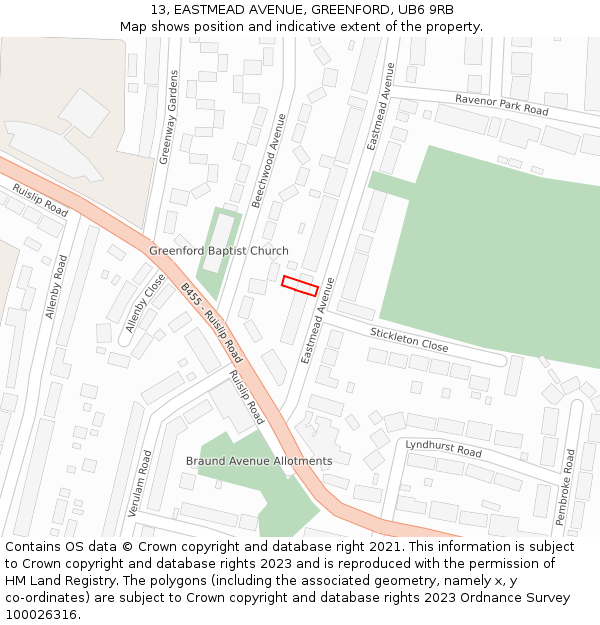 13, EASTMEAD AVENUE, GREENFORD, UB6 9RB: Location map and indicative extent of plot