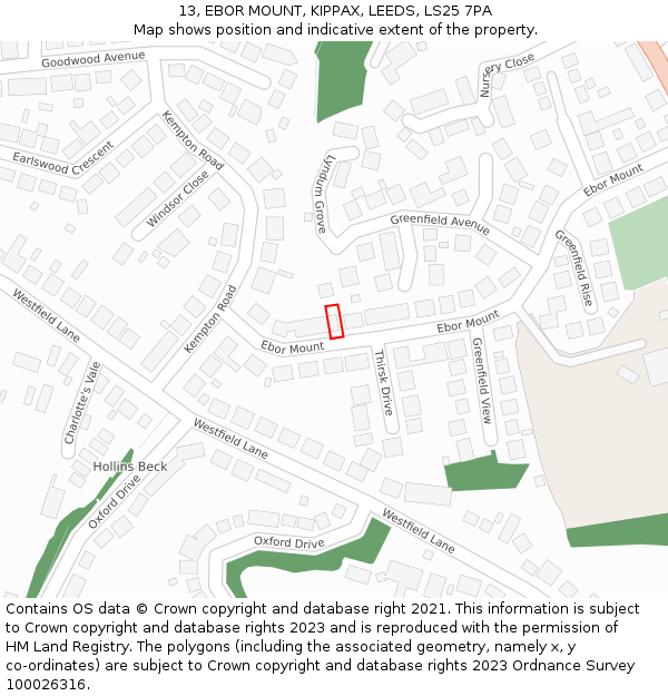 13, EBOR MOUNT, KIPPAX, LEEDS, LS25 7PA: Location map and indicative extent of plot