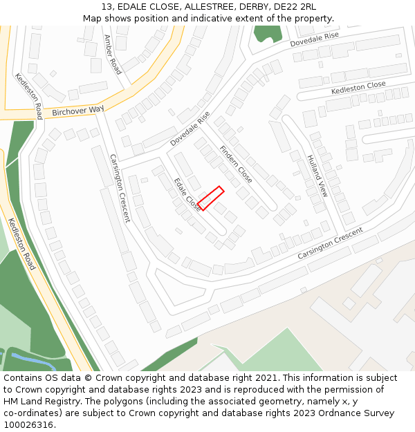 13, EDALE CLOSE, ALLESTREE, DERBY, DE22 2RL: Location map and indicative extent of plot